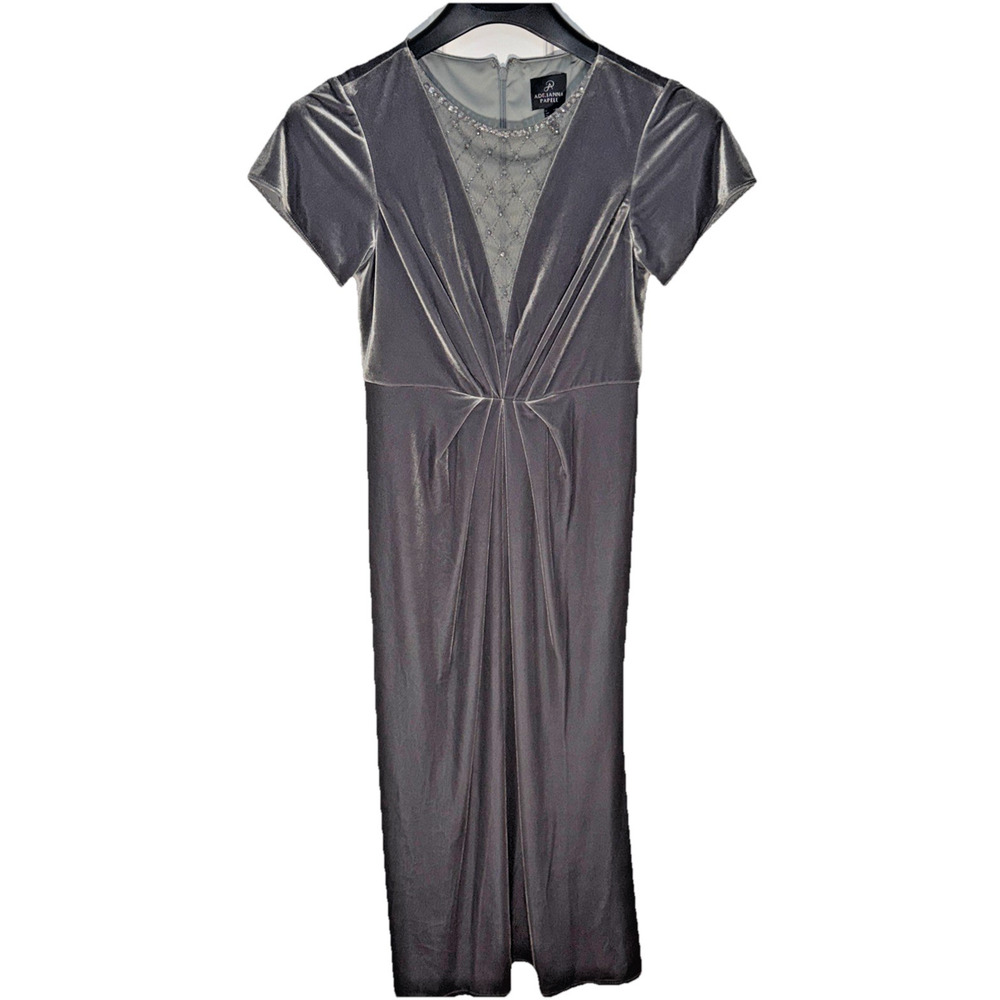 Adrianna Papell Gray Velvet Cocktail Dress Size 4 Illusion V Holiday Party